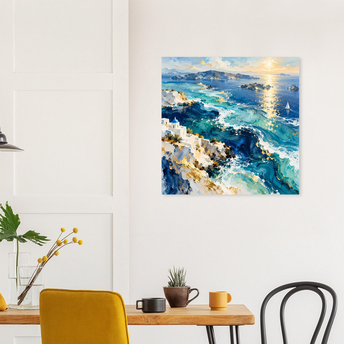 Posterdruck mit Meeresbrandung, türkis und dunkelblau, Sonnenreflexen und hellem Küstensand