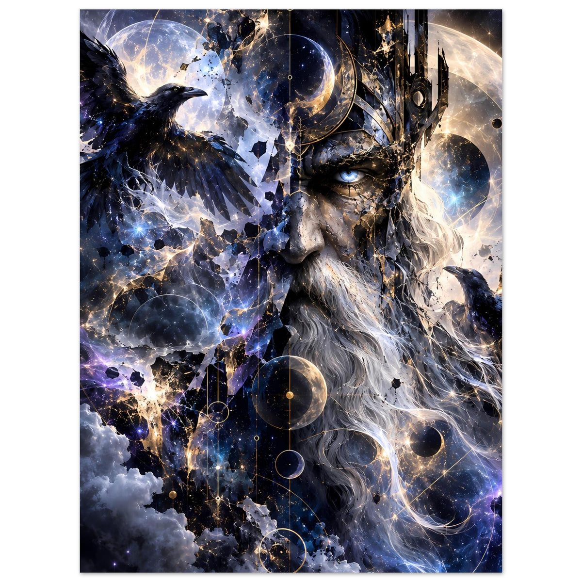 Fantasy-Poster mit Königsgesicht, Raben und leuchtenden Sternen im All