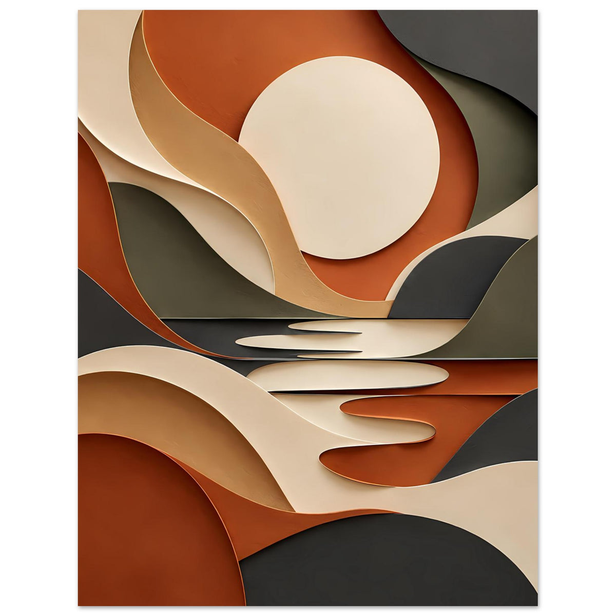 Kunstposter (Hochformat) mit großen Kreisformen und gebogenen Bändern in Terrakotta und Creme