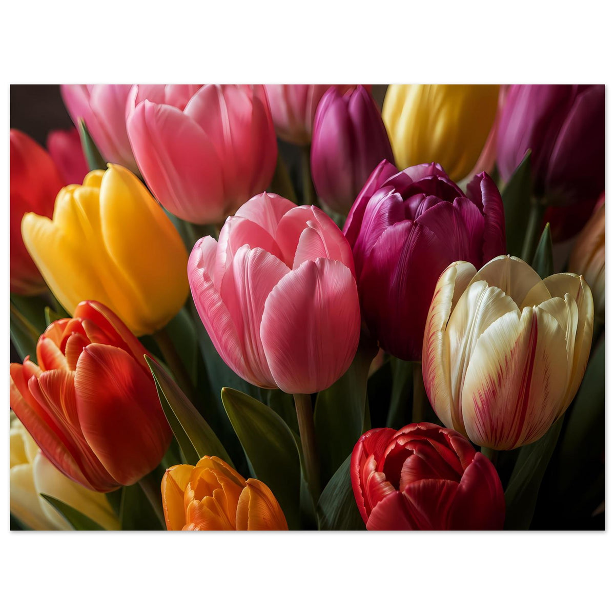 Tulpenstrauß-Poster im Querformat mit bunten Tulpen in Pink, Gelb, Violett und Rot