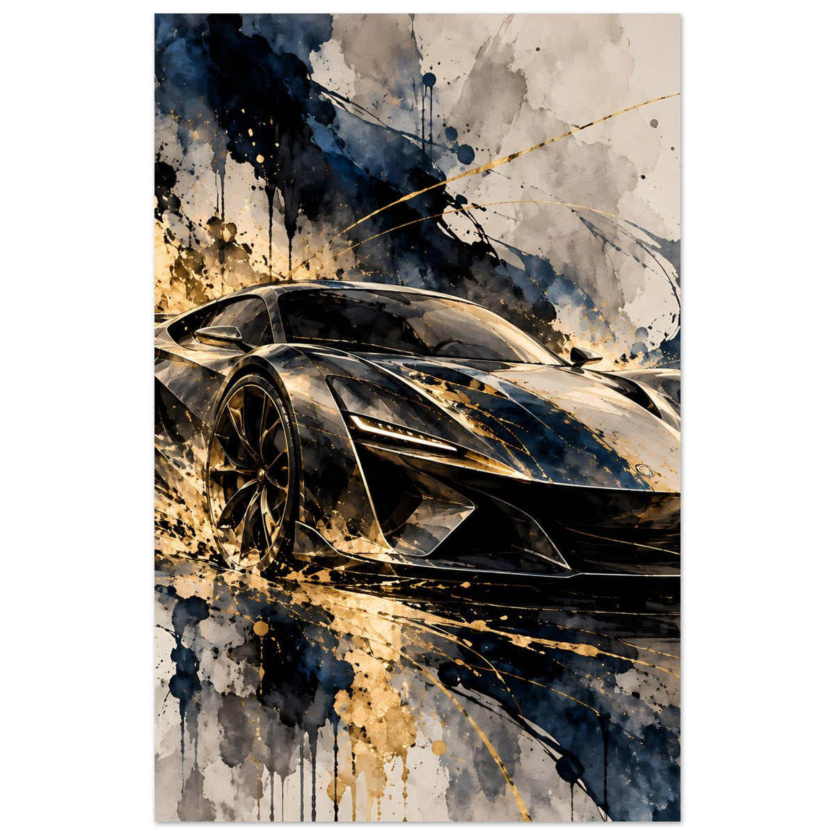 Sportwagen-Poster im Hochformat: schwarzer Supersportwagen, goldene Linien auf blau-grauer Spritzgrafik