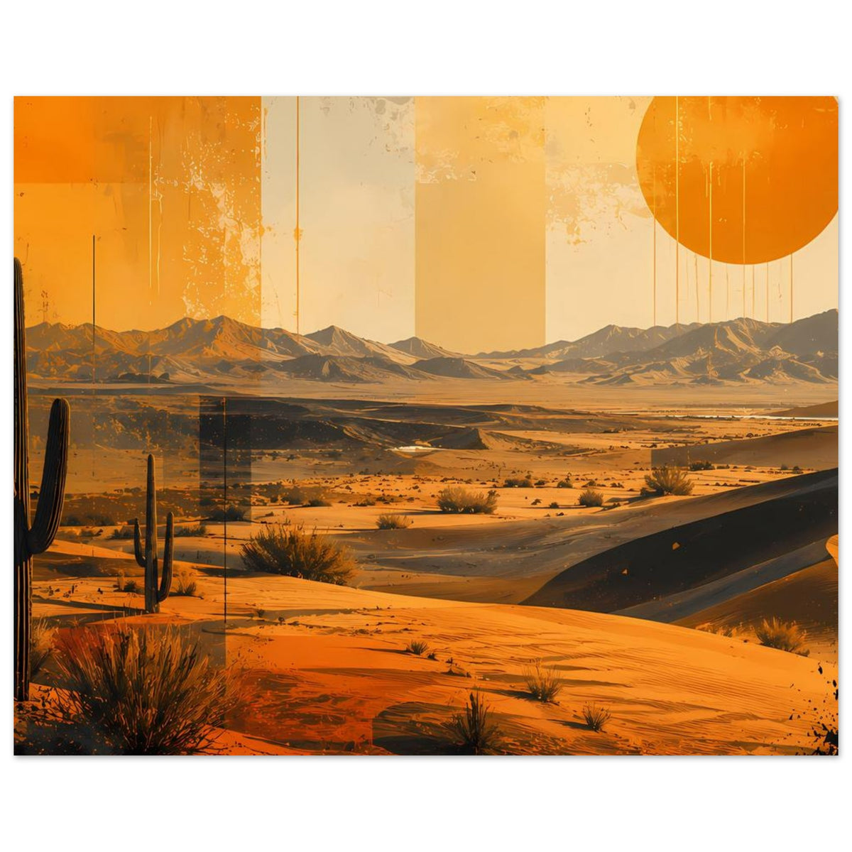 Querformat-Retro-Wüstenposter mit Kakteen, Dünen und großer orange Sonne