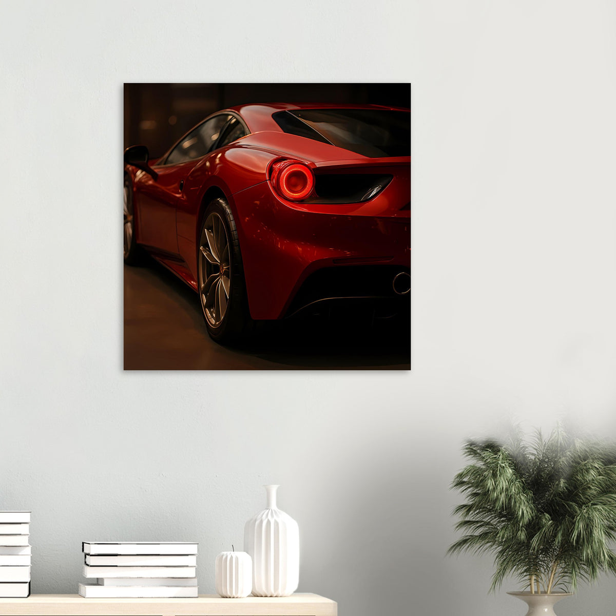 Poster mit rotem Sportwagen im Nahblick, leuchtendes Rücklicht im schwarzen Rahmen
