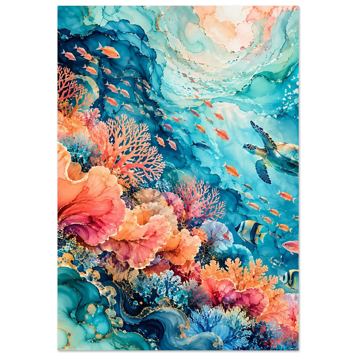 Unterwasser-Poster mit leuchtenden Korallenblüten, Schwarmfischen und Meereshöhlen-Linien