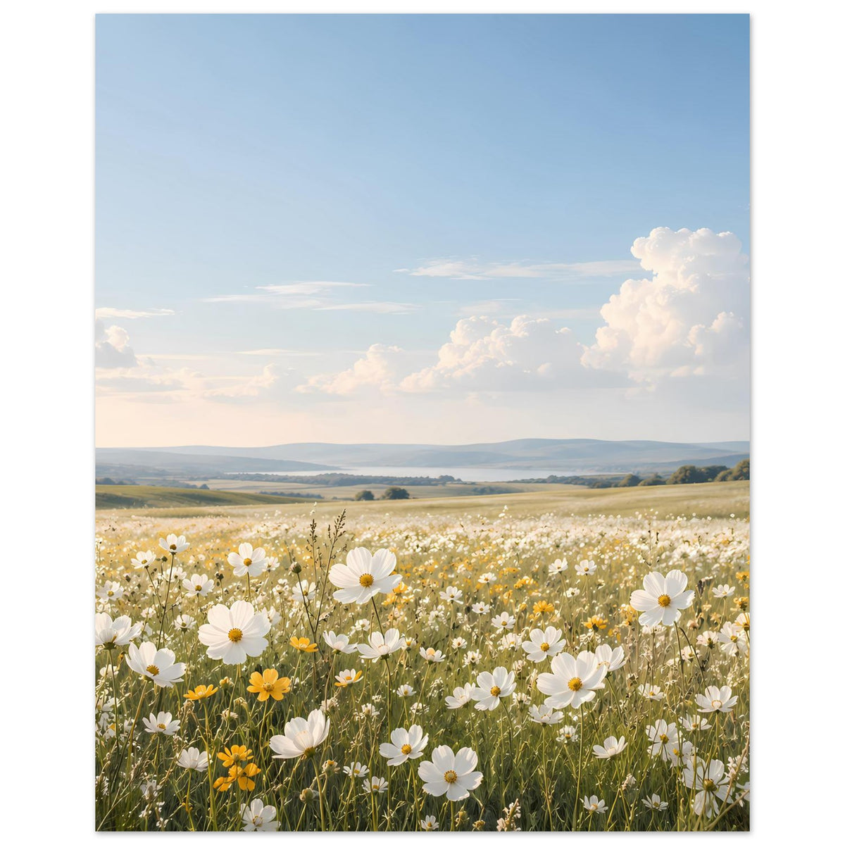 Wildblumenwiese-Poster mit vielen weißen Blüten im Vordergrund und Wolkenhimmel