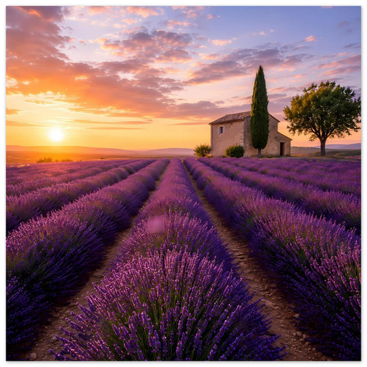 Lavendel-Sonnenuntergangs-Poster mit violetten Feldreihen, Sonne am Horizont, Bauernhaus