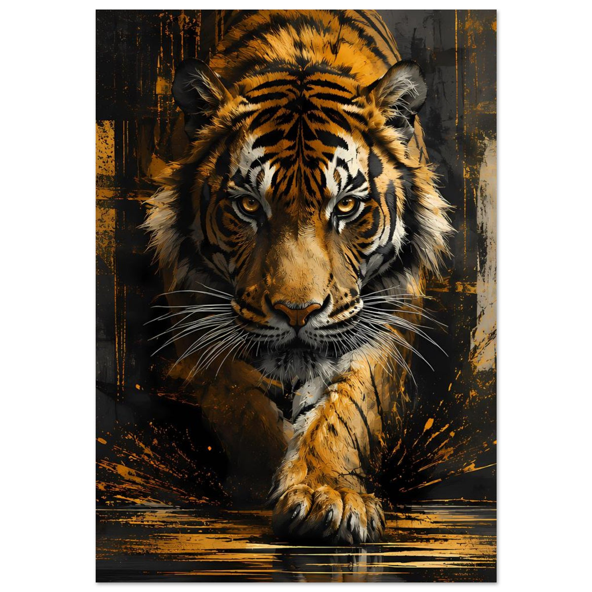 Tiger-Poster mit frontalem Blick, gelb-goldene Farbtöne am Fell, Tatzen nach vorne, hochformatig