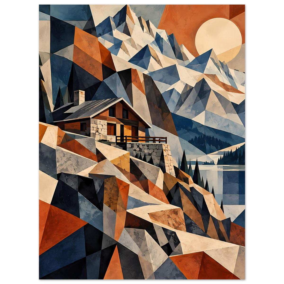 Geometrisches Berglandschafts-Poster mit Haus und Bergen, Blau-Rostrot-Design