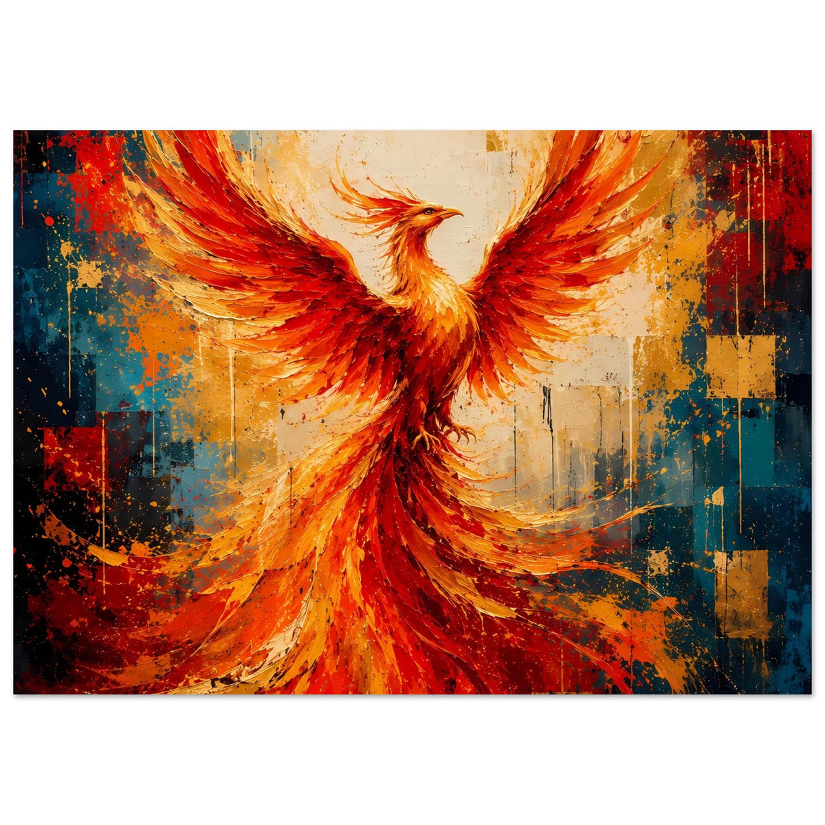 Phönix-Poster, zentrierter roter Vogel mit hellen Flügelsäumen, abstrakte Silhouetten