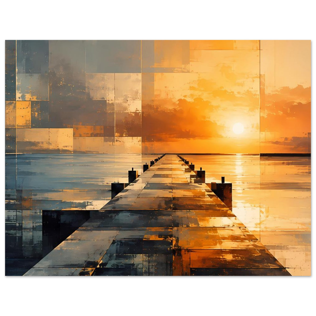 Wandposter im Querformat mit geometrischer Pier-Szene und Sonnenuntergang, orange-grau