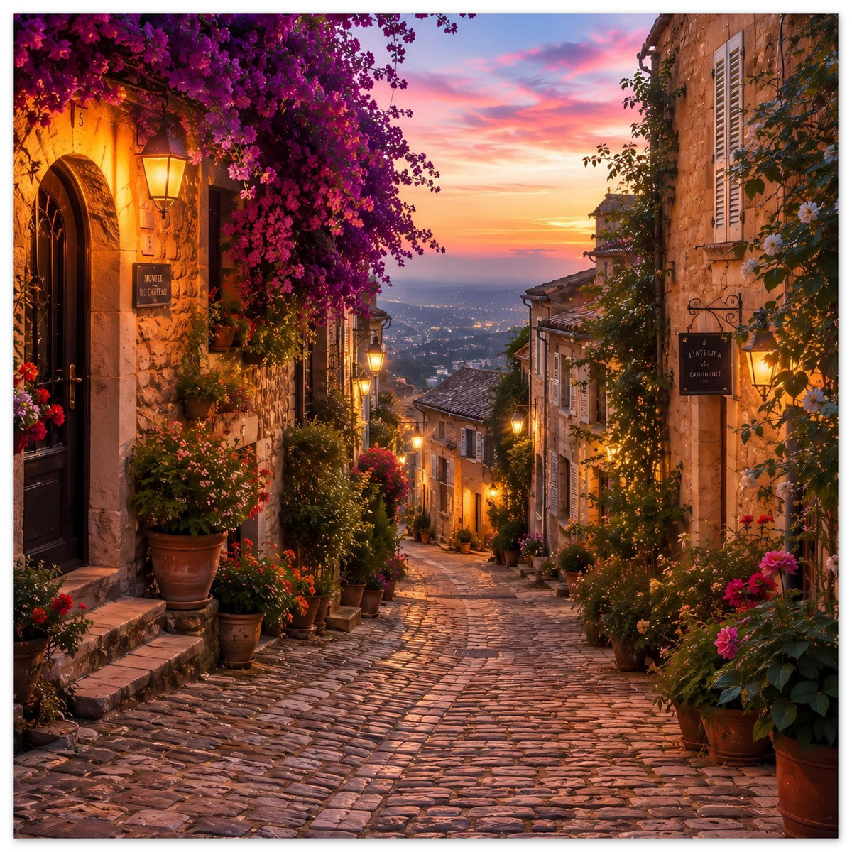 Wandposter Querformat: romantische Gasse mit Fassadenlaternen, lila Blumen und Abendhimmel