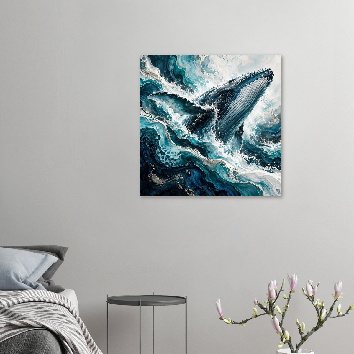 Kleines Kunstposter mit Meerwal-Motiv und türkisblauen Wellen, weißer Wasserschaum