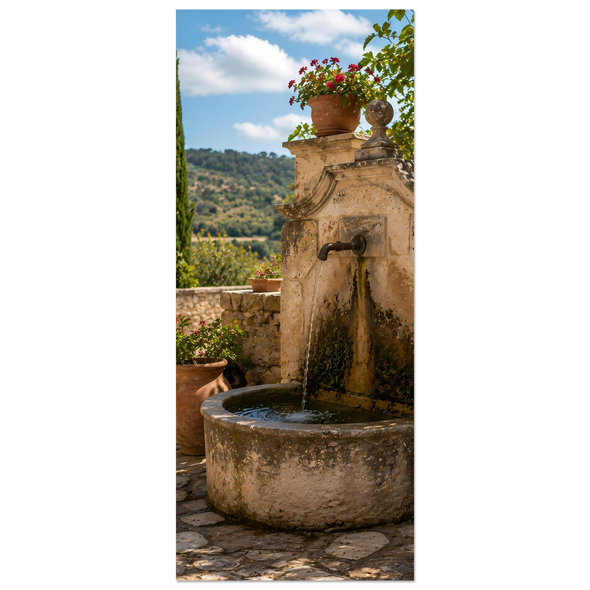 Vertikales Steinbrunnen-Poster: Wandarmatur über rundem Steinbecken mit fließendem Wasser