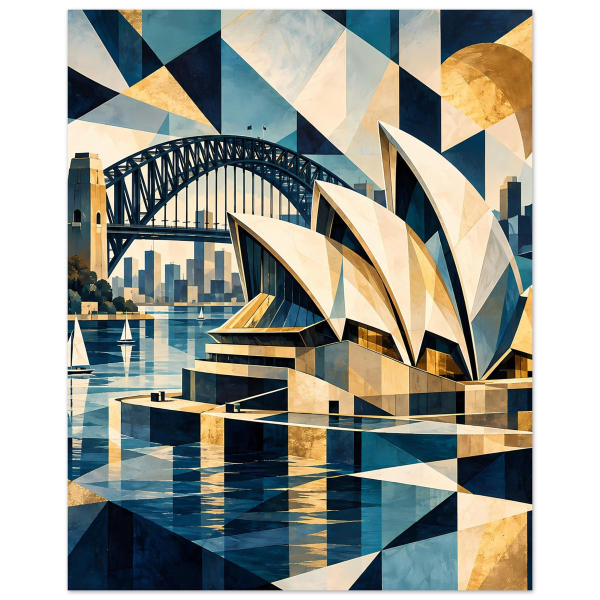 Vertikales Poster mit geometrischem Sydney-Hafenmotiv: Brücke, segelförmige Architektur und blaues Wasser