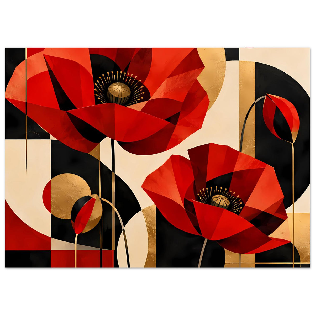 Kunstposter mit abstrakten roten Mohnblumen, goldenen Kreisen und farbigen Rechtecken.
