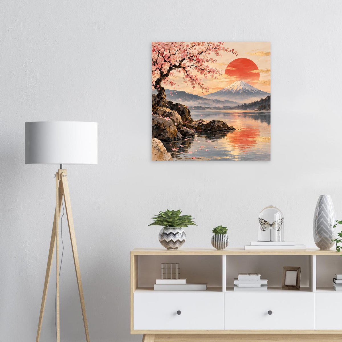 Poster mit Kirschblüten, Berg Fuji und Sonnenuntergang über ruhigem Wasser