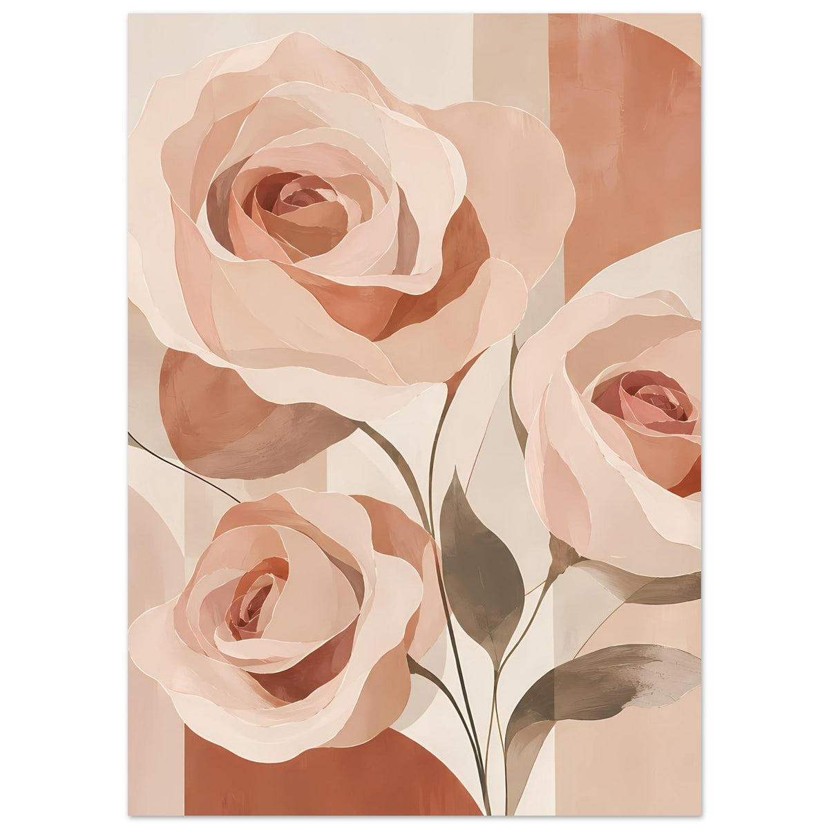 Blumenposter mit zentraler Rose und zwei kleineren Rosen unten, sanfte Pastellpalette