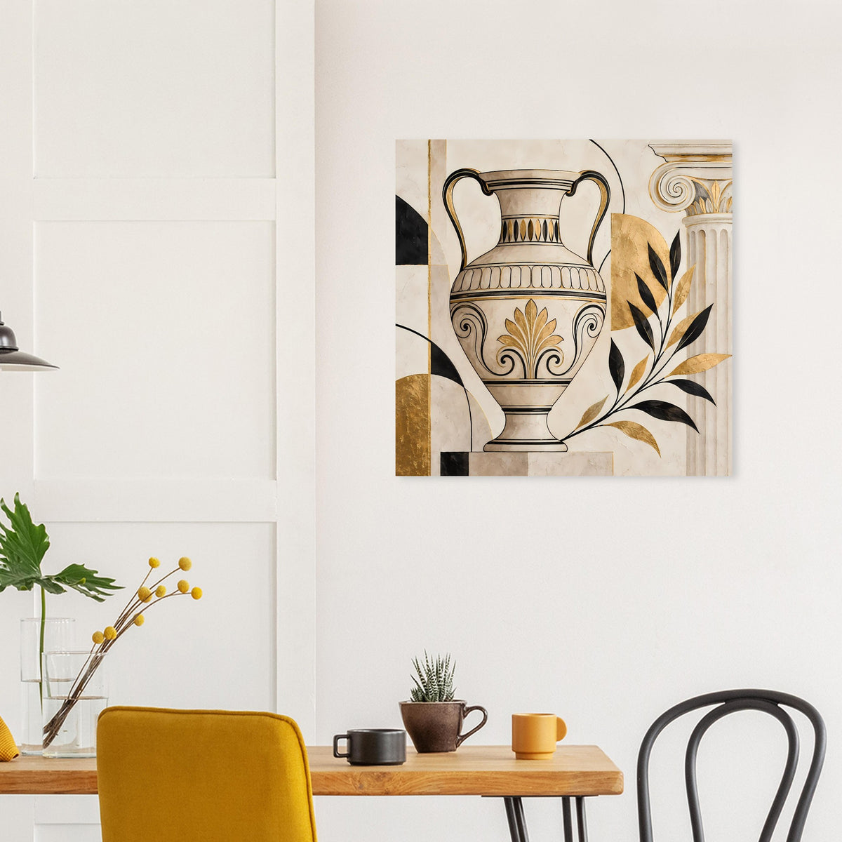 Wandposter mit Amphorenillustration, Goldakzenten und schwarzen Linien