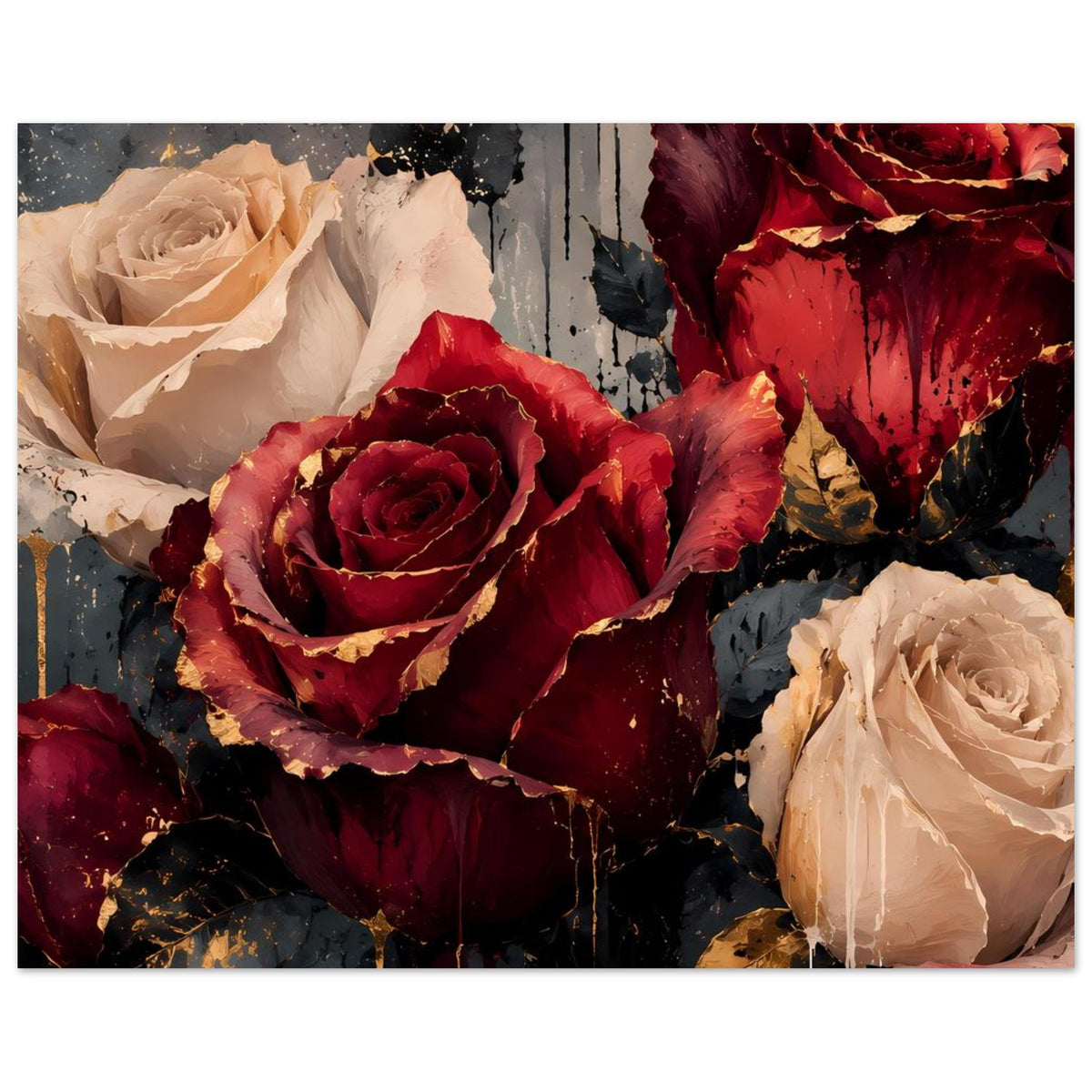 Kunstposter mit Rosen in Bordeauxrot und Creme, Goldakzenten, Rahmen-Optik