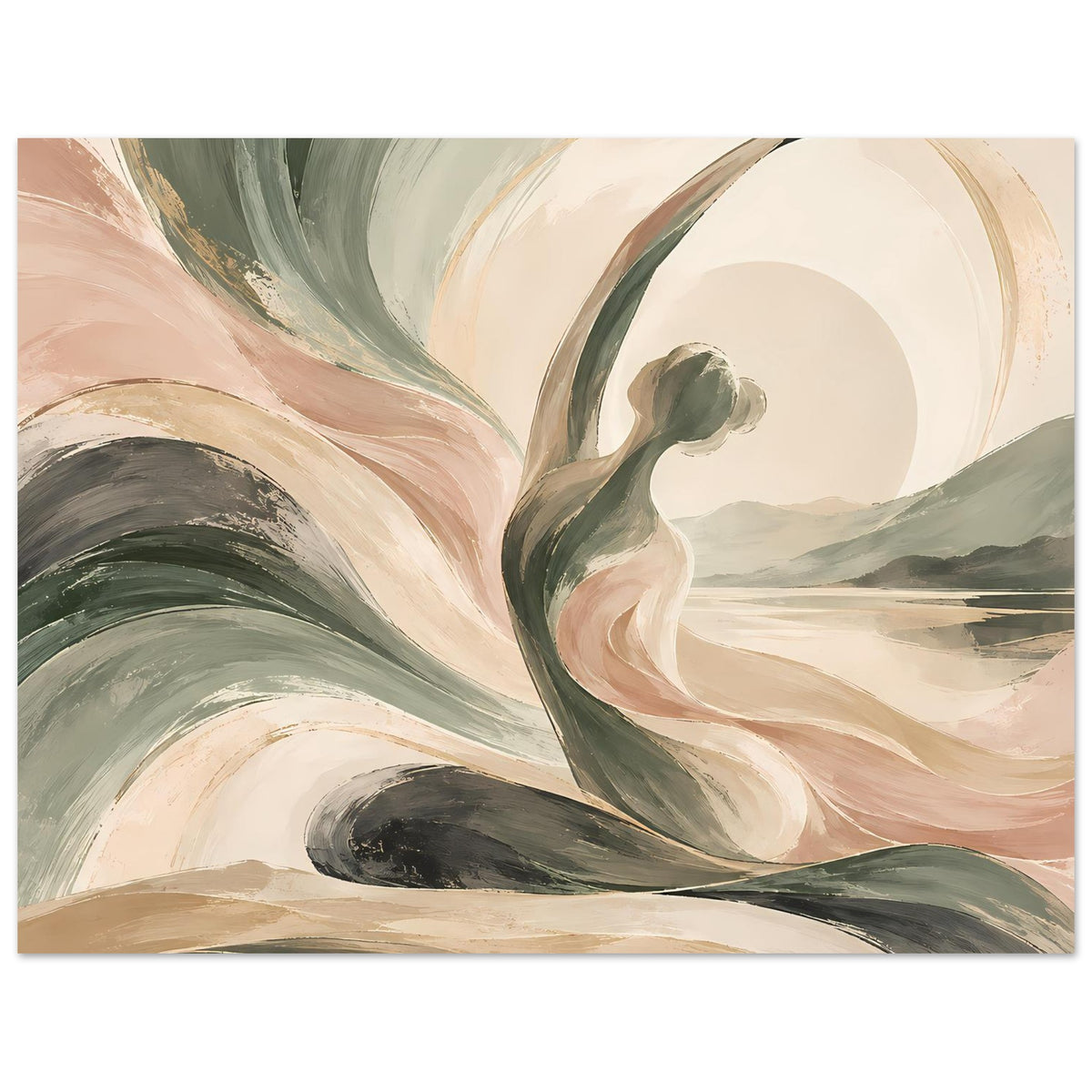 Abstraktes Kunstposter mit breiten Pinselstrichen und Kreisform im Hintergrund, Beige-Grün, horizontal