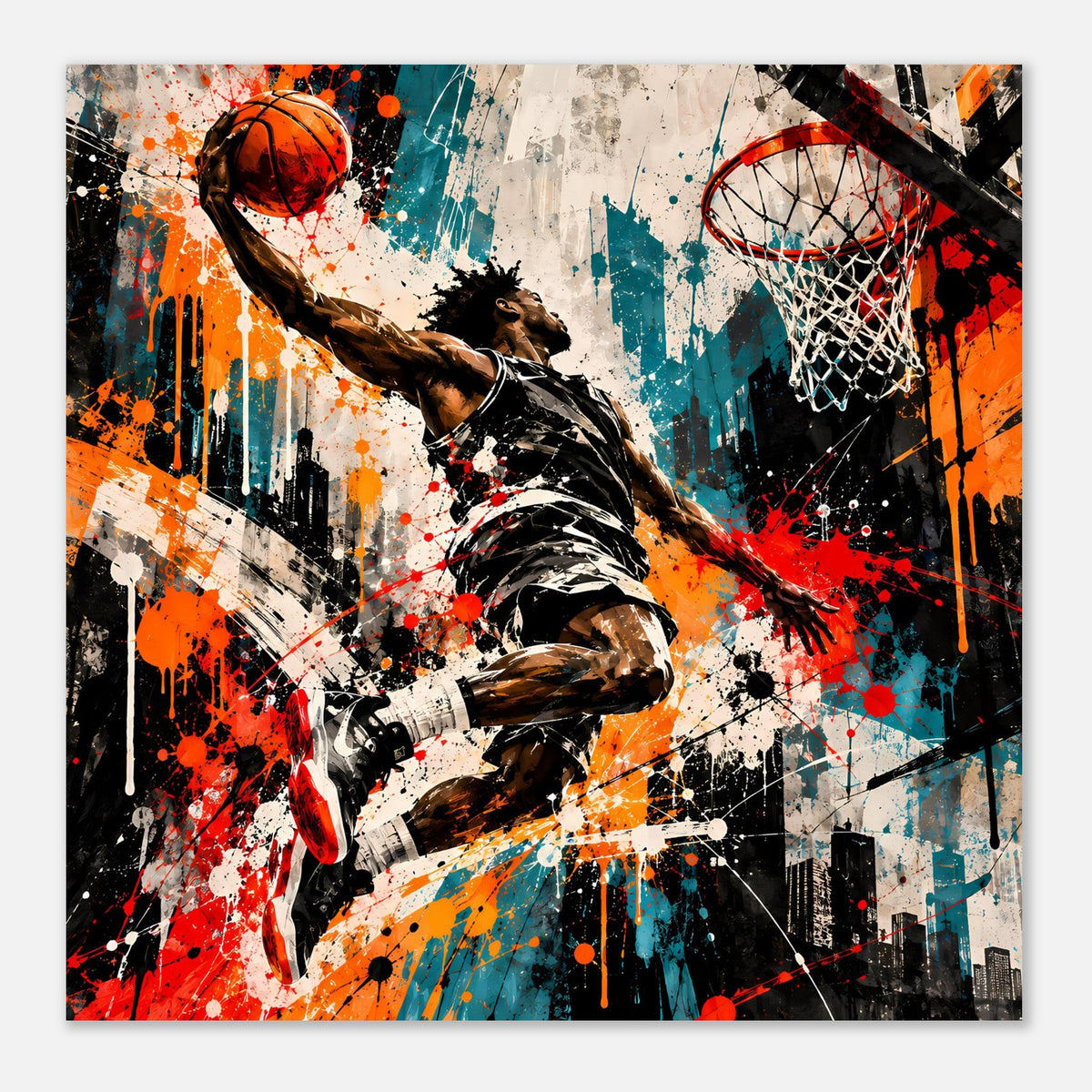 Basketball-Poster querformat: Spieler wirft, Ball links oben, Korbnetz rechts, Sprühfarben