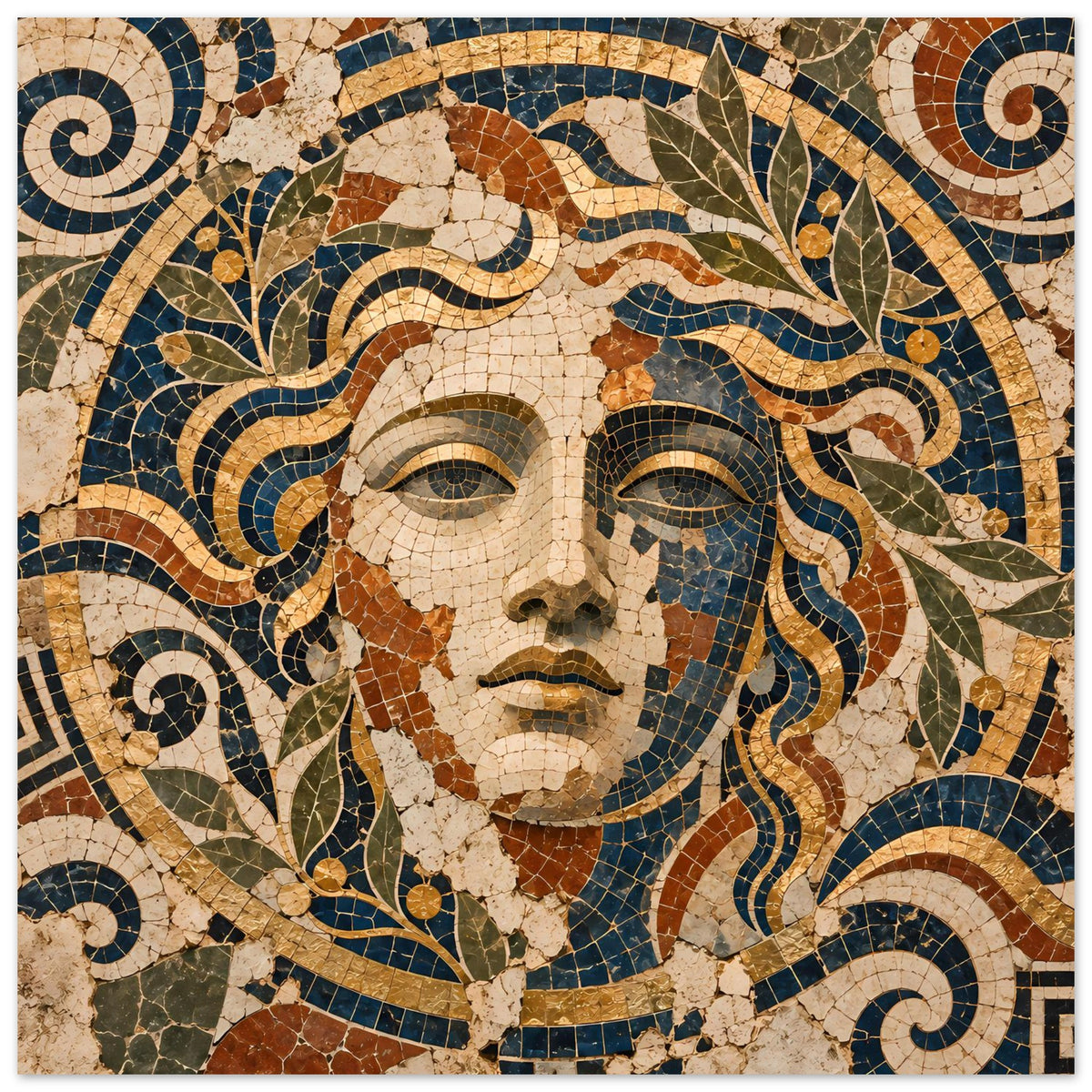 Mosaik-Göttin Poster: Nahansicht des Gesichts mit wellenförmigem Haarornament