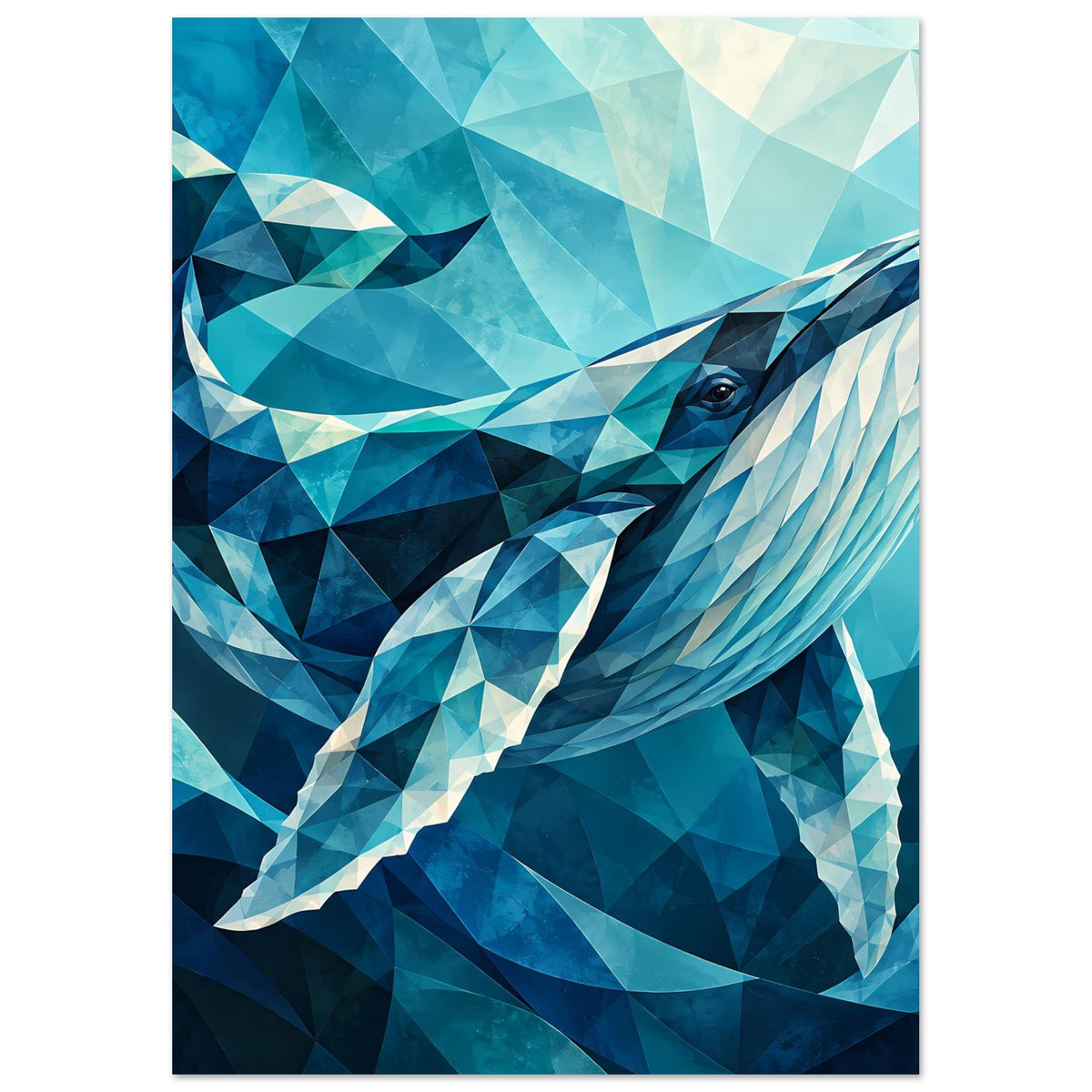 Geometrisches Blauwal-Poster im Hochformat, Walrücken in hellen Türkistönen