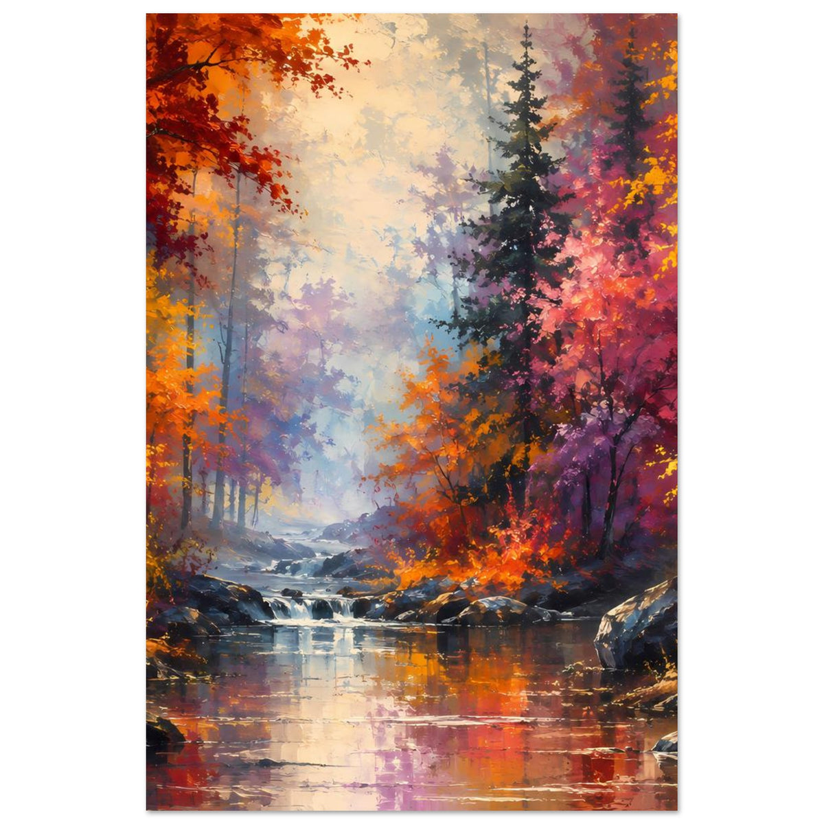Poster im Hochformat: Herbstwald über einem ruhigen Fluss, leuchtende Orange-, Rot- und Violetttöne.