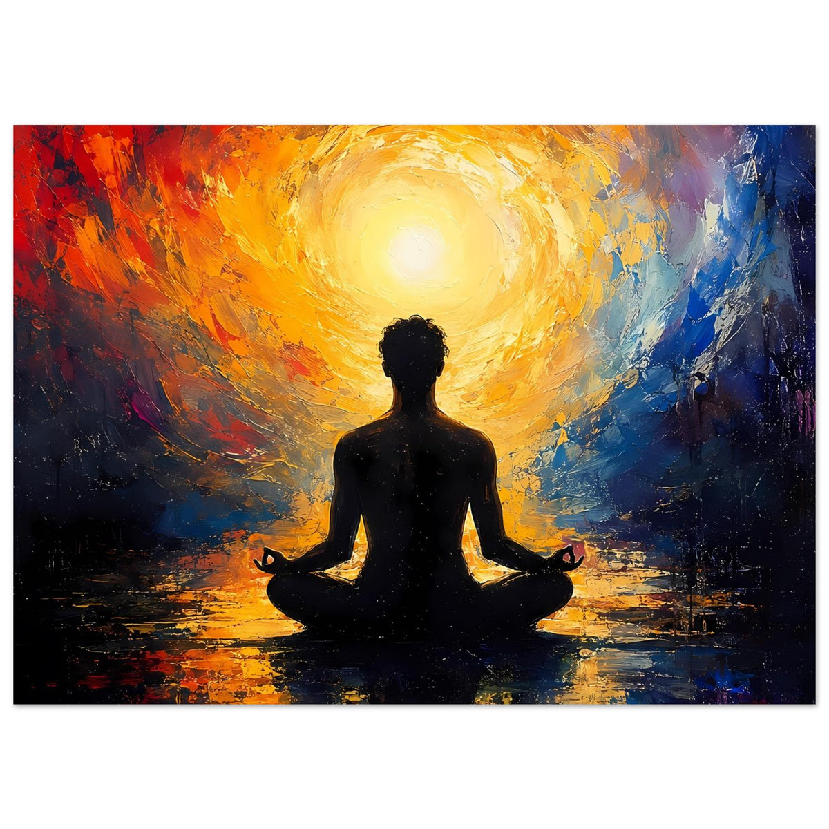 Zen-Poster im Querformat: sitzende Figur mit gelb-orangem Leuchten und Pinselstruktur