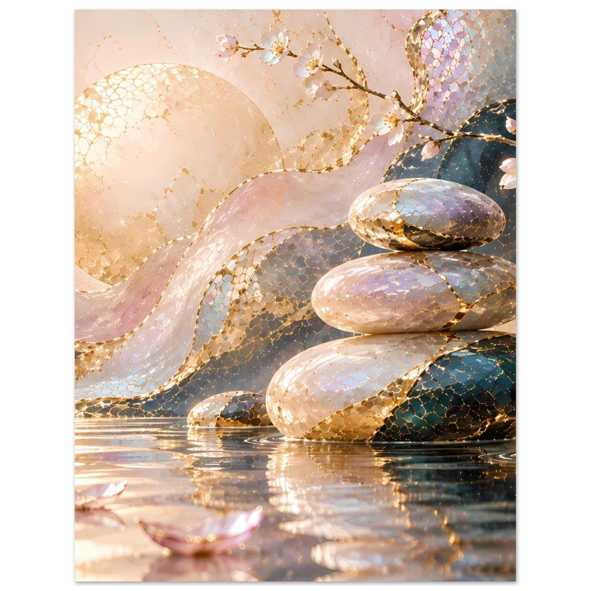 Hochformat-Kunstdruck: stapelnde Steine im Wasser, schimmernde Goldtöne, Blüten und Zweige