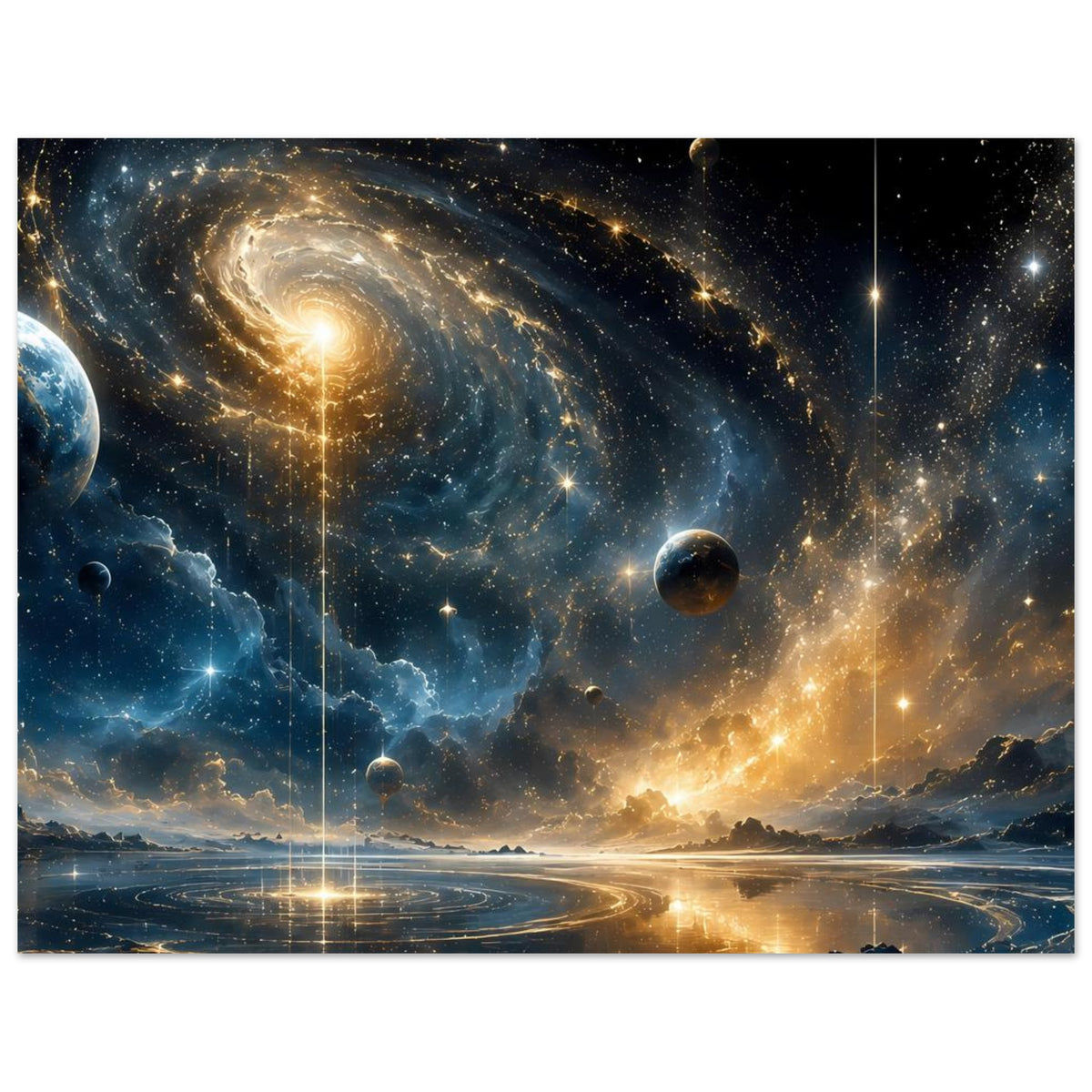 Weltraum-Poster mit Spiralgalaxie, Sternen und Planeten über Wasserreflexen