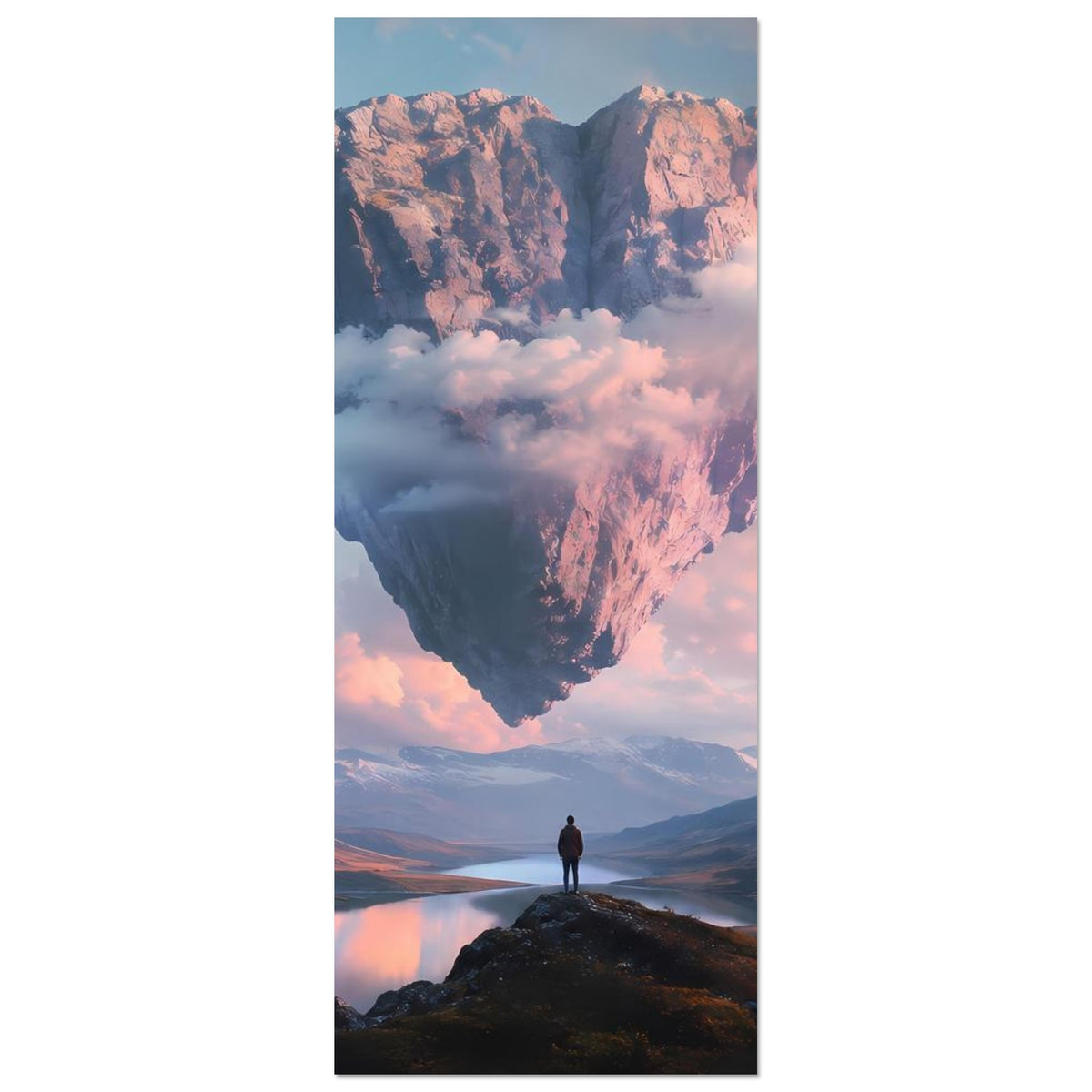 Hochformat-Poster mit Felsherz in den Wolken über Bergsee