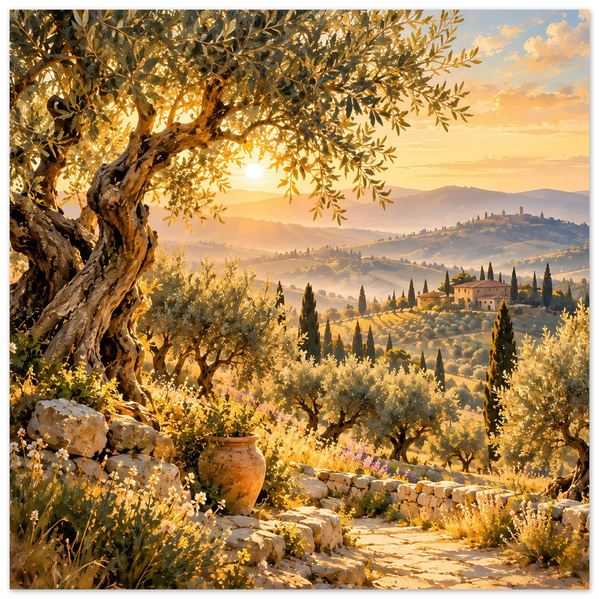Poster mit mediterraner Abendlandschaft: Olivenbaum, Vasen auf Terrasse, Hügel im Goldton