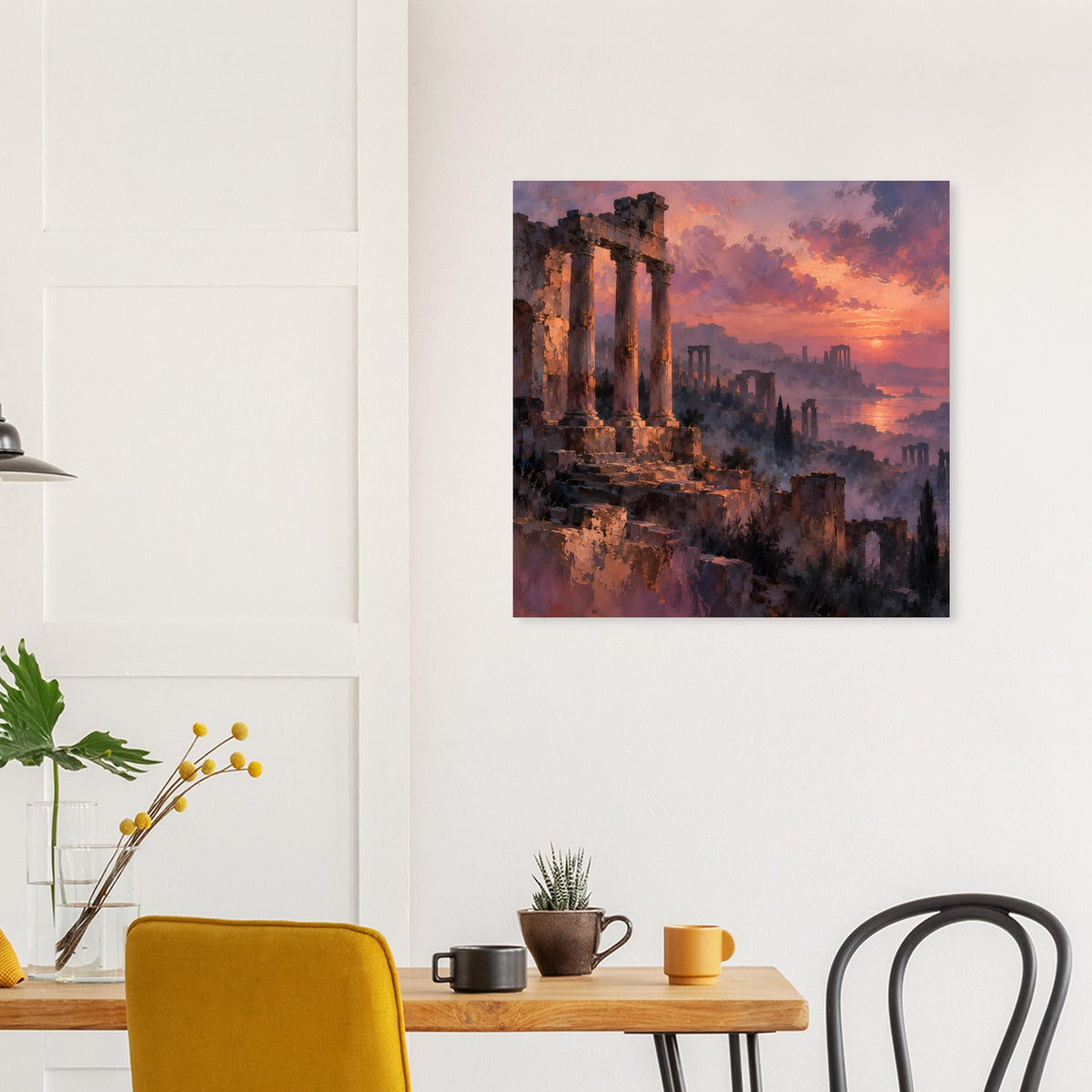 Quadratisches Poster mit antiken Ruinen und Dämmerung, orange-violetter Himmel