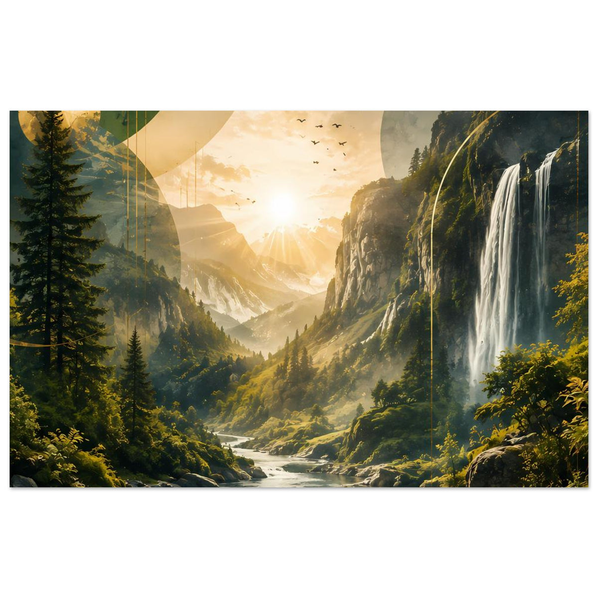 Landschaftsposter (horizontal) mit Wasserfall und Fluss im beleuchteten Tal der Berge