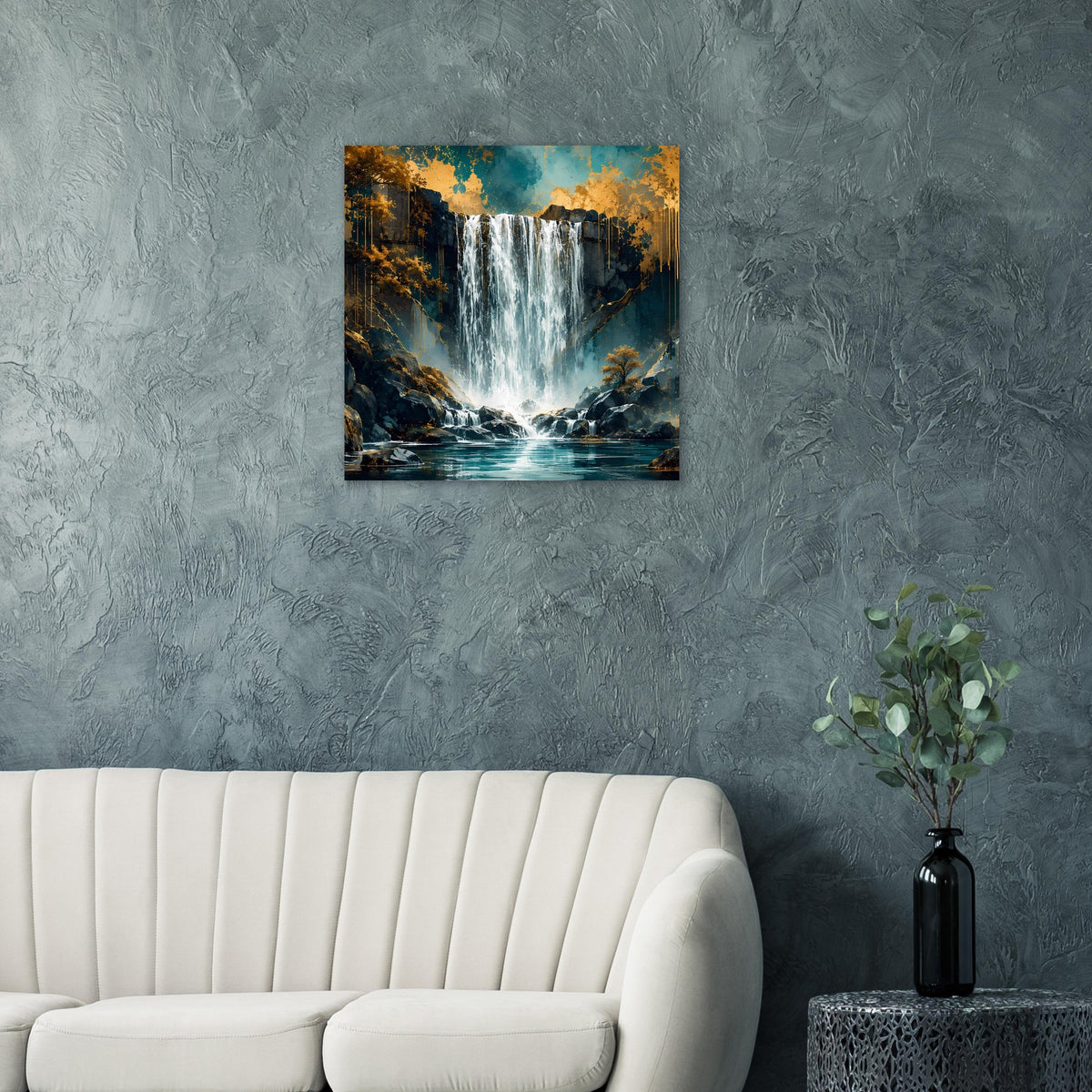 Rechteckiges Poster mit türkisfarbenem Wasserfall, Felsen im Vordergrund und goldenen Tönen