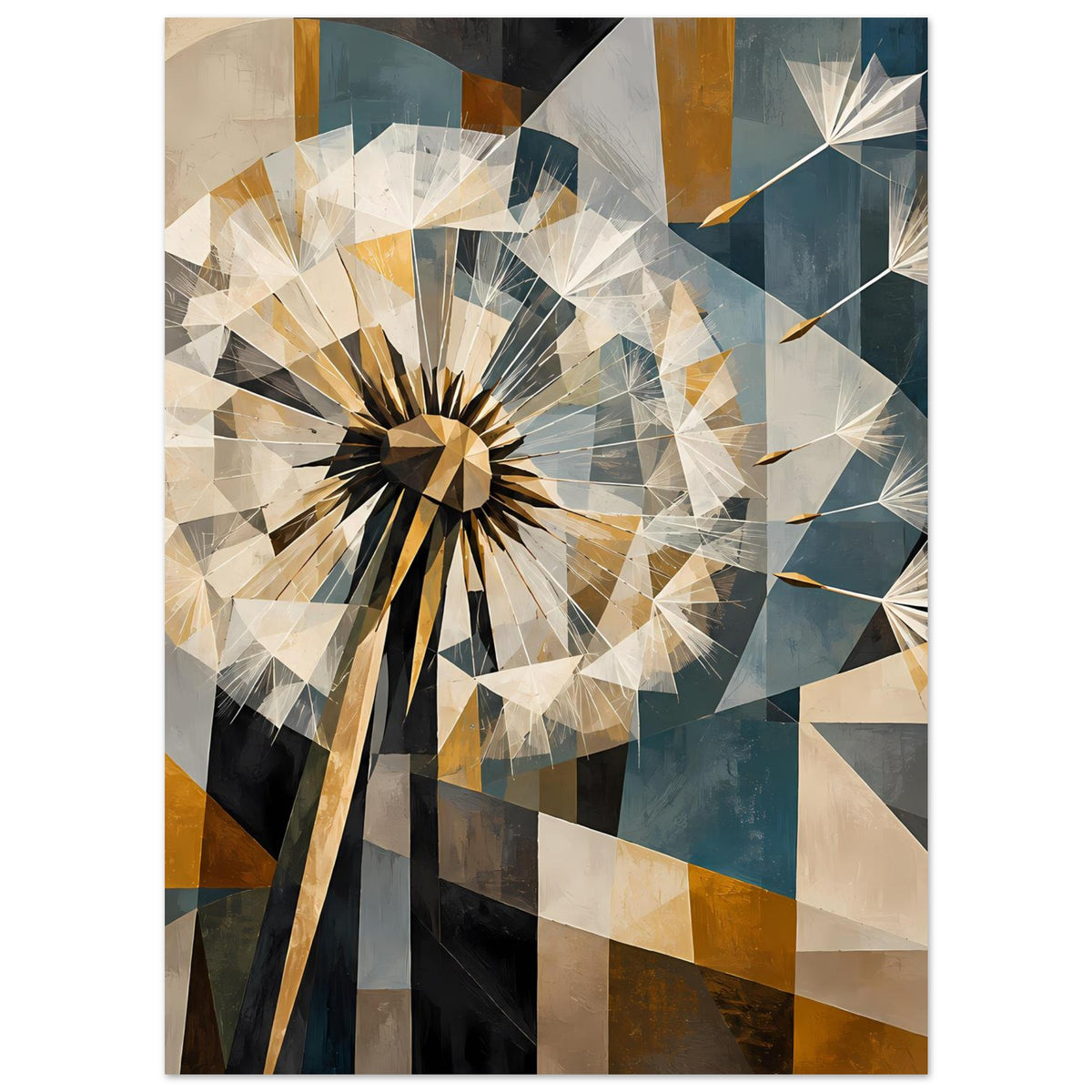 Dandelion-Wandposter mit geometrischem Dandelion, goldbraunen Streifen und blau-grauen Flächen