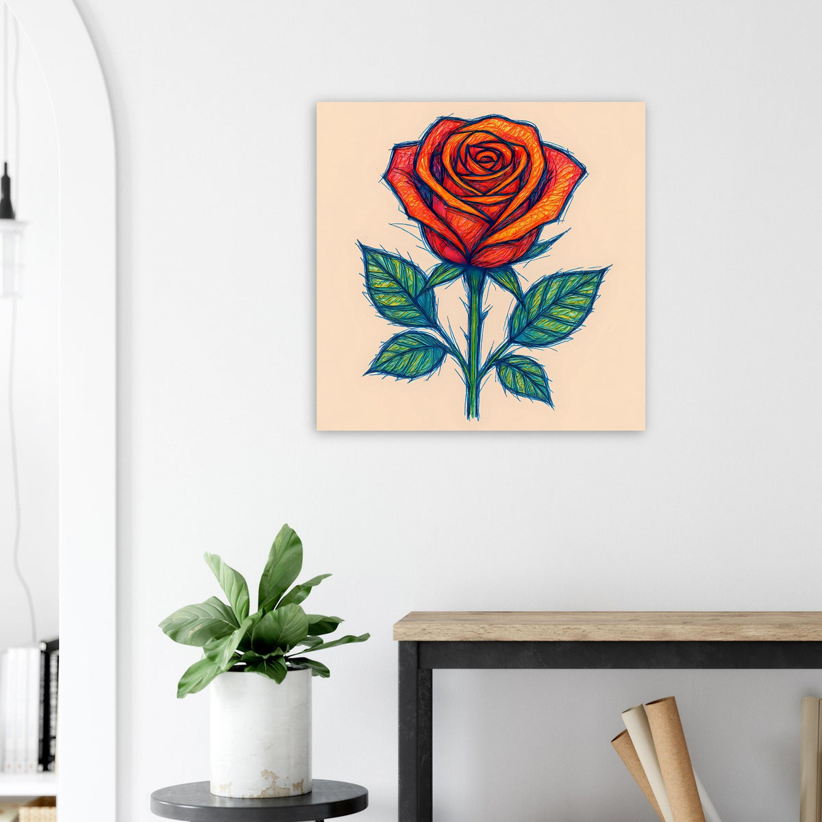 Rosenposter mit orange-roter Rose im Skizzenstil und grünen Blättern, zentriert