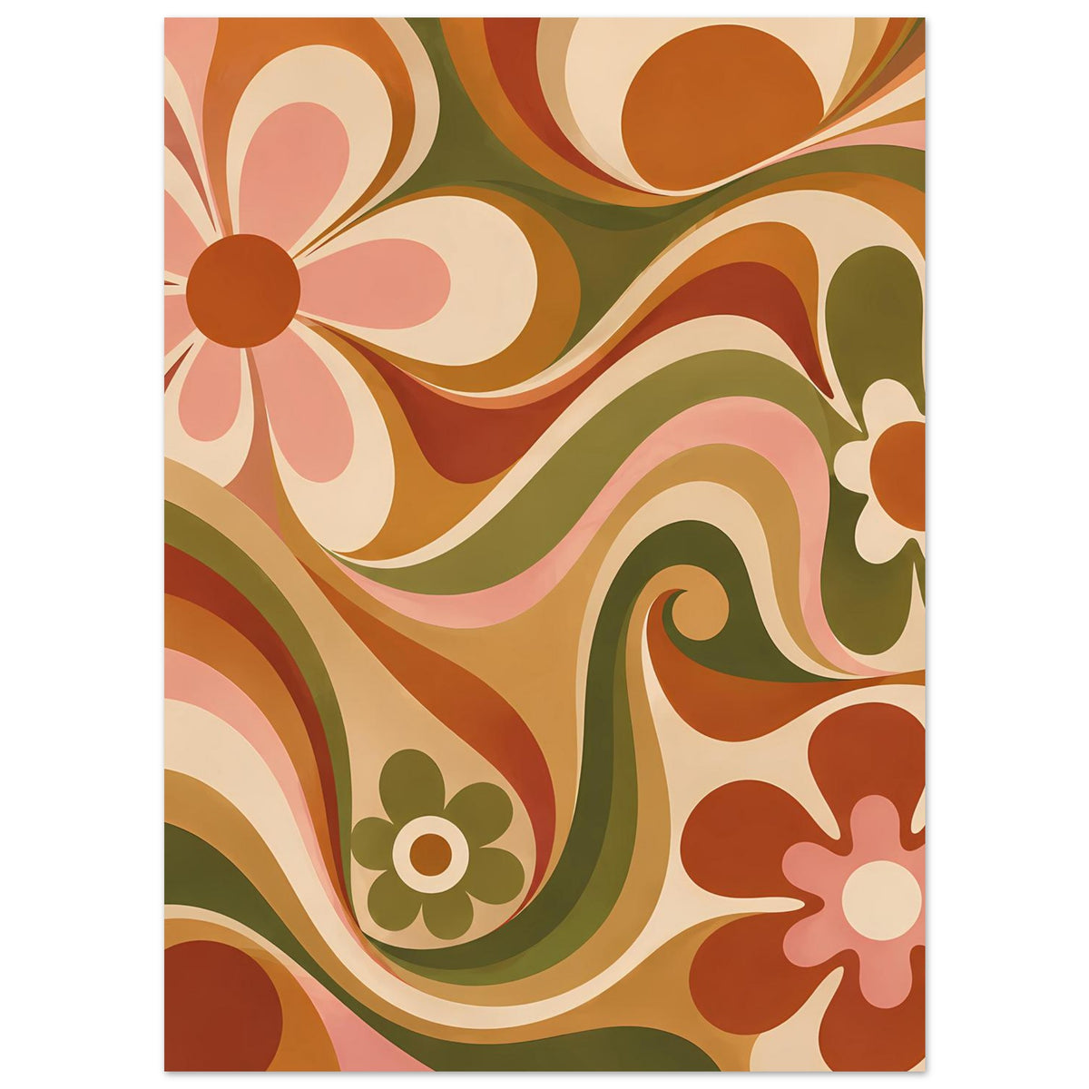 Vertikales Retro-Blumenposter mit floralen Spiralen und Blüten in Olivgrün, Orange und Creme
