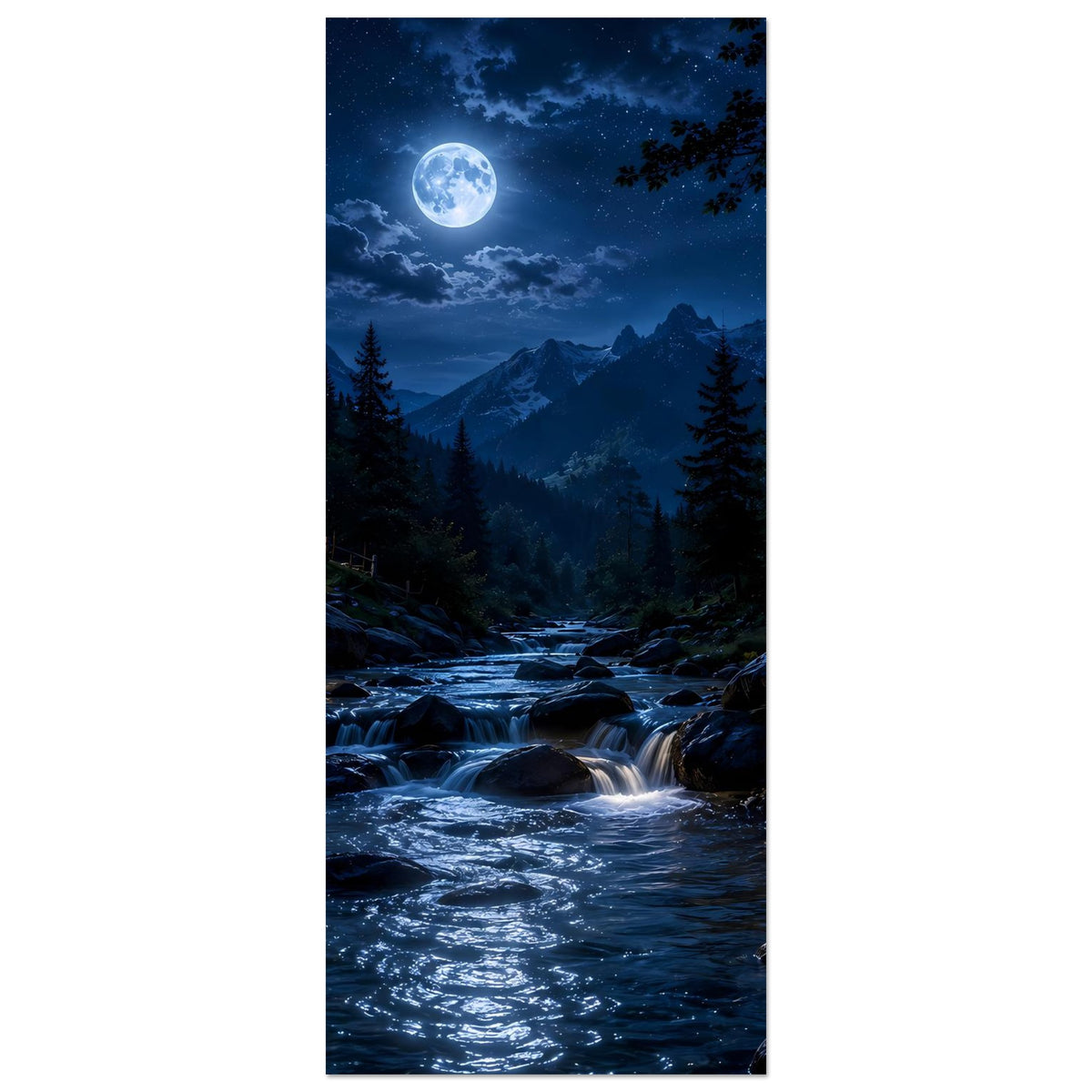 Hochformat-Poster mit Vollmond über Bergbach, Tannenwald und Berggipfeln