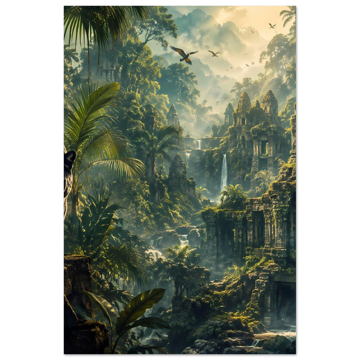 Hochformat-Poster mit Dschungelruinen, Nebel, Palmen und schwarzem Panther links angeschnitten
