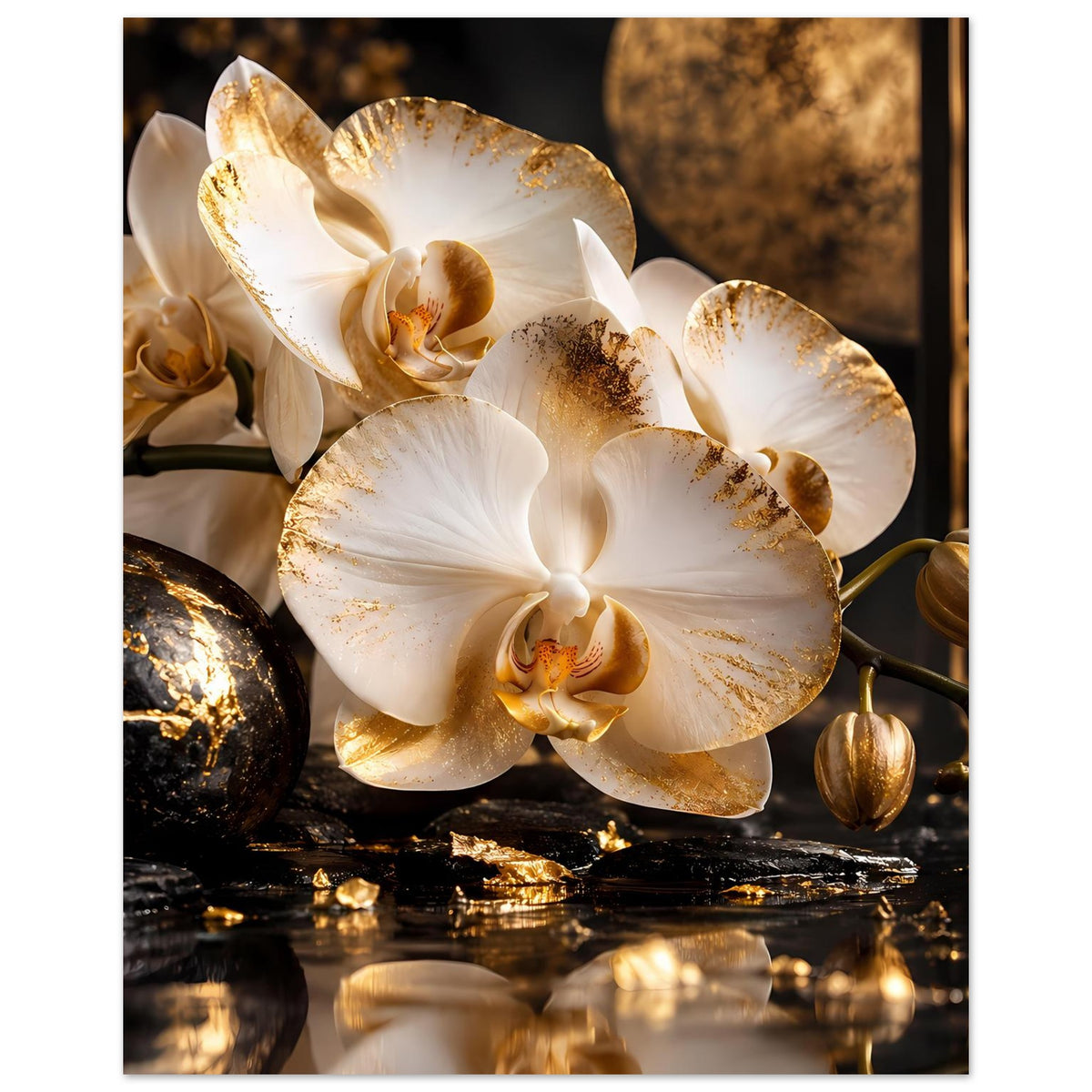 Poster mit weißen Orchideenblüten und goldfarbenen Verzierungen, dekorative Kugeln im Vordergrund