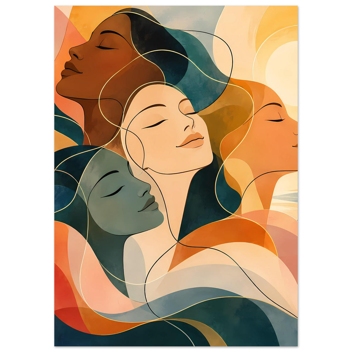 Kunstposter mit abstrakten Frauenporträts, florale Linien und warmes Farbspiel