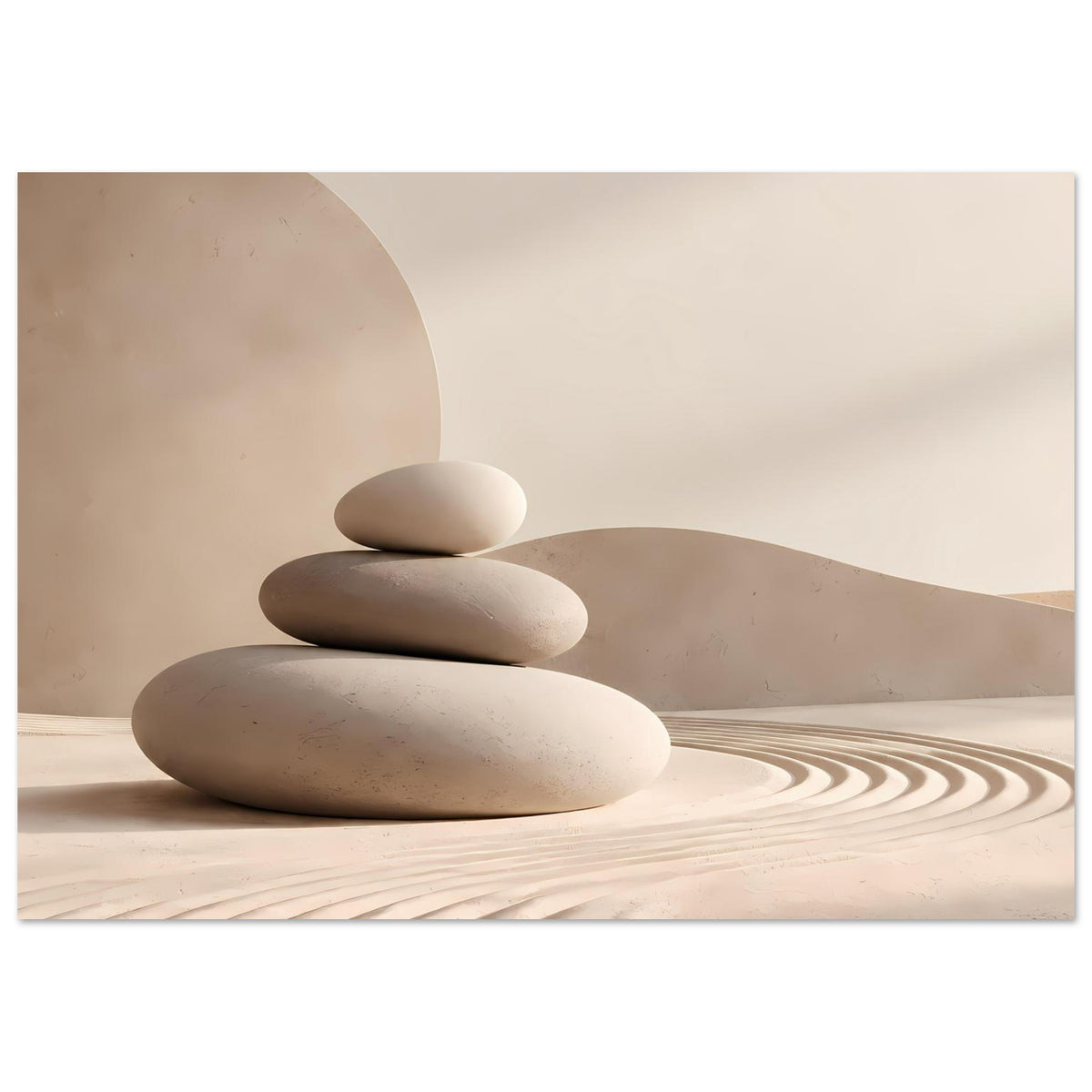 Minimalistischer Zen-Poster mit drei gestapelten Steinen, Sandwellen, klare ruhige Komposition.