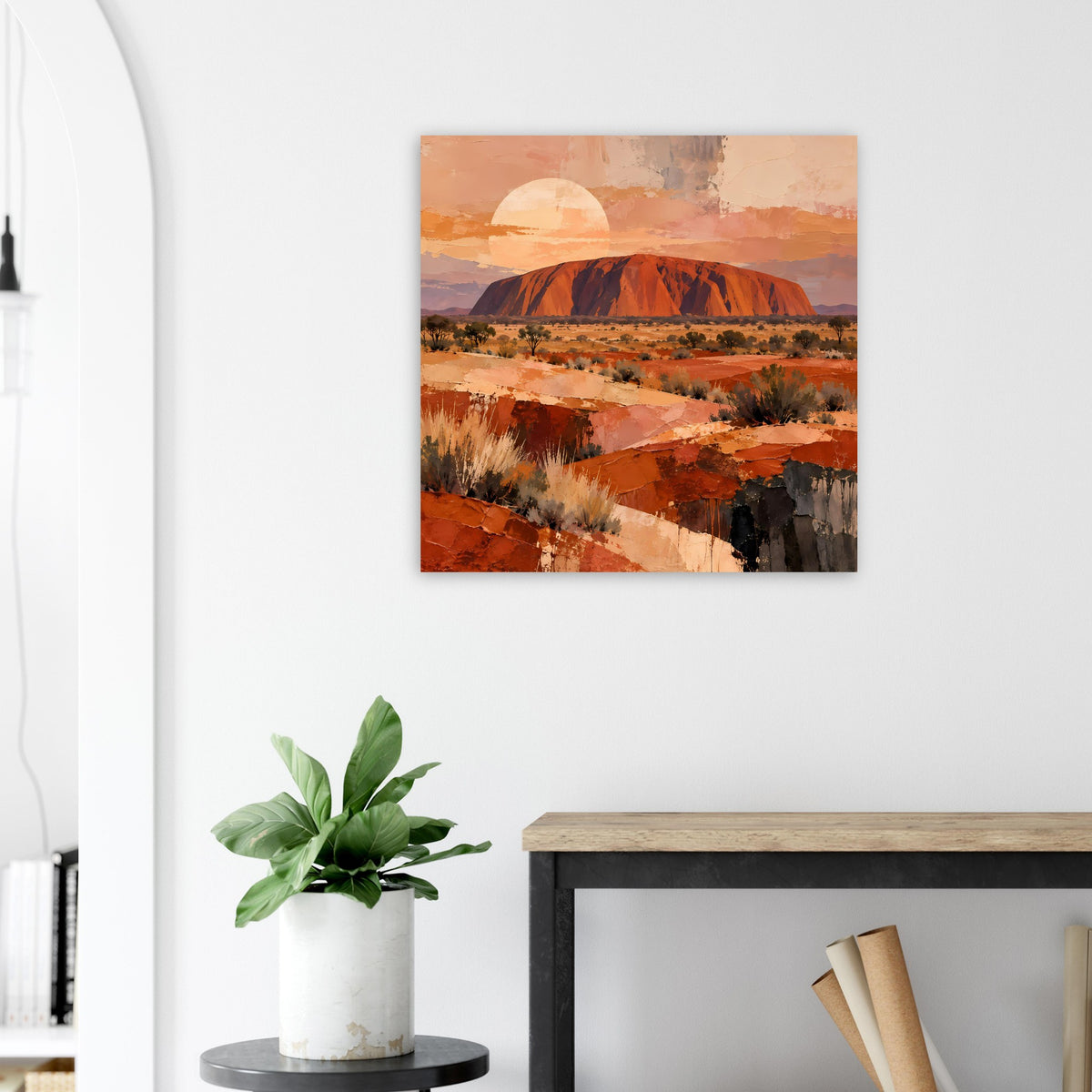 Wüstenlandschafts-Poster mit Uluru, warmen Erdtönen und Wüstenhügeln, quadratisch