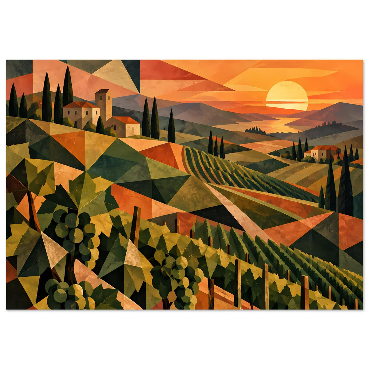 Horizontales Poster mit Weinberg und Sonnenuntergang, abstrakte Farbflächen und dunkle Zypressen
