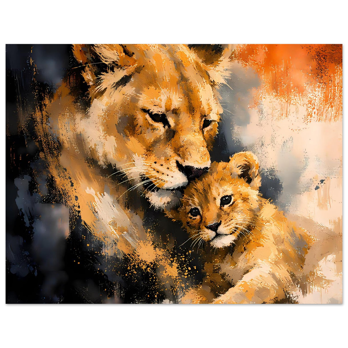 Wandposter mit Löwin und Jungtier, warmes Orange-Gelb, breites Querformat, Fokus Mitte