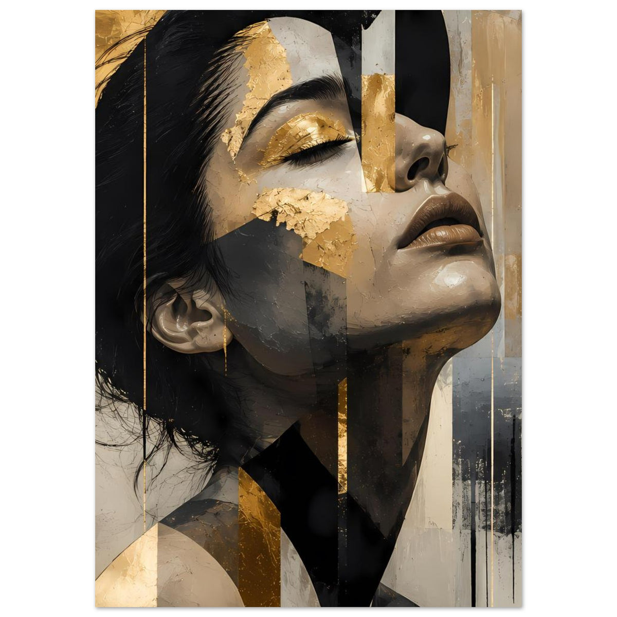 Frauenporträt-Poster mit abstrakter Gesichtspartie, goldene Akzente über dunklen Flächen