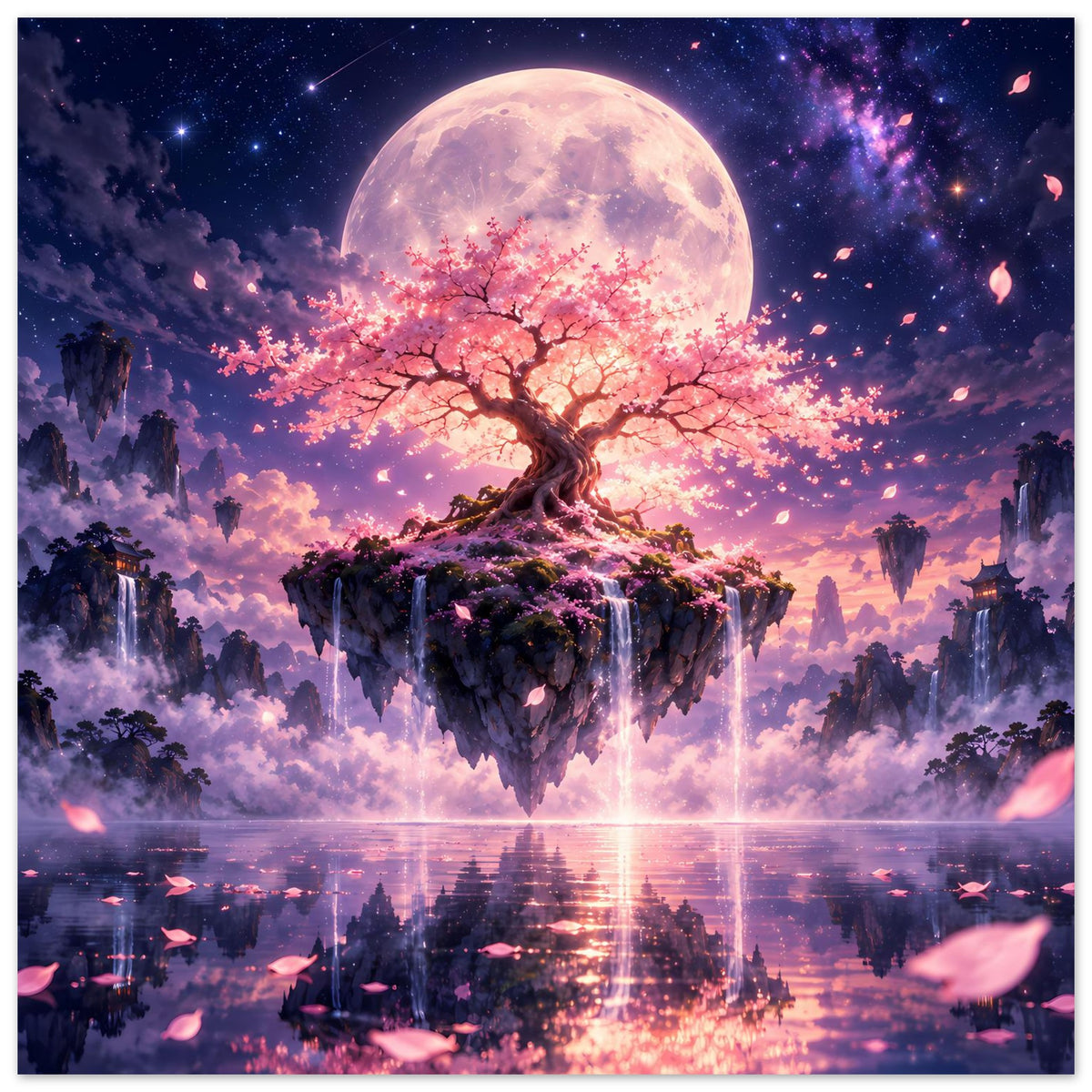 Poster mit leuchtenden rosa Blüten am Kirschbaum, schwebende Insel und Vollmond-Reflexion