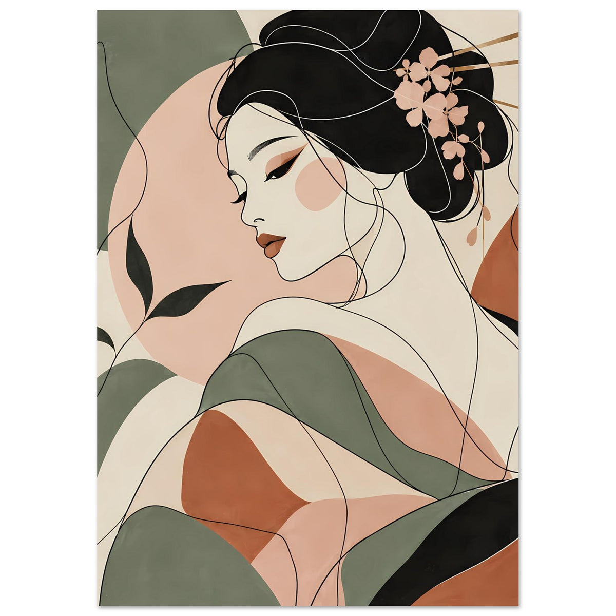 Zen-Poster: Geisha im Linienkunst-Stil, Oberkörper mit grünem Kimono und braunen Akzenten.